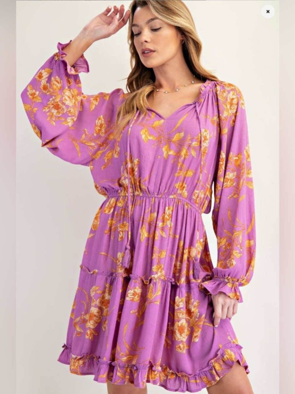 104. NWT EASEL Lavender Floral Tiered Long-Sleeve Dress with Gold Bloom